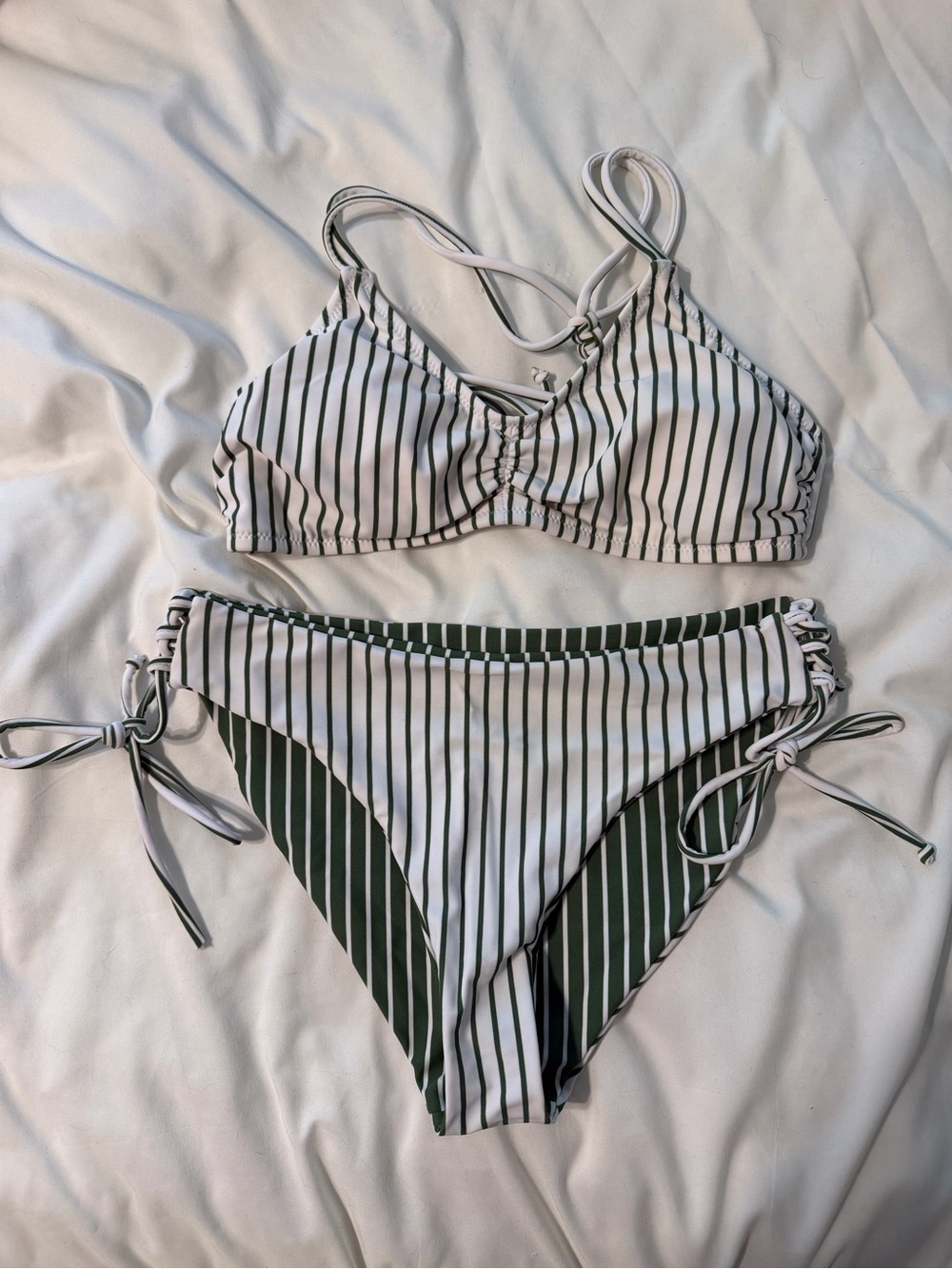 Striped White and Dark Green Tie-Side Bikini